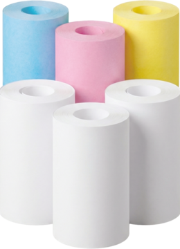 Sześć rolek kolorowego czyściwa przemysłowego: 3 białe, niebieska, różowa i żółta, stojące na jasnym tle.