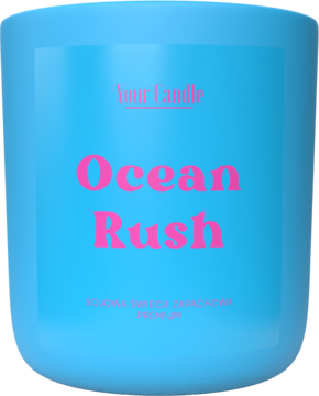 Błękitna świeca sojowa Your Candle Ocean Rush w szklanym cylindrze, z różowym napisem, widok z przodu.