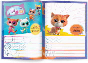 Książka Superkoty do ćwiczeń, otwarta na kolorowych stronach z bohaterami, szlaczkami i różnorodnymi kształtami do rysowania.