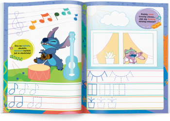 Książka edukacyjna: Stitch gra na ukulele, Angel w oknie. Ćwiczenia rysowania szlaczków nut i kształtów.