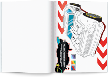 Otwarta książka do kolorowania Hot Wheels z futurystycznym autem i wodną paletą barw.