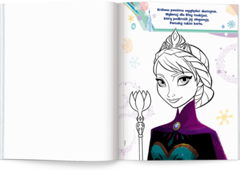 Otwarta kolorowanka Disney Kraina Lodu: rysunek Elsy w koronie z częściowo pokolorowaną suknią, po lewej pusta strona.