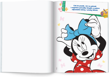 Otwarta kolorowanka Disney, prawa strona z uśmiechniętą Myszką Minnie w czerwonej sukience i niebieskiej kokardzie.