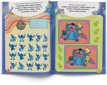 Otwarta książka aktywności Stitch. Lewa strona z rzędami małych figurek, prawa z dwoma obrazkami Stitcha z lodami i pędzlem.