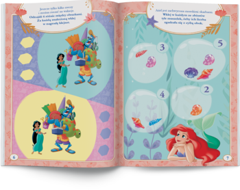 Otwarta książka Księżniczki Disneya z naklejkami: Aladdin, Jasmine i Arielka na stronach z łamigłówkami i brokatowymi naklejkami.
