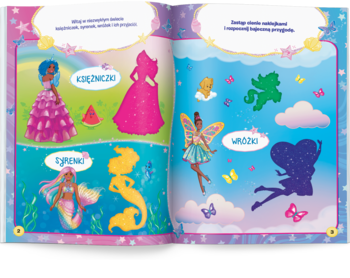 Otwarta książka z naklejkami dla dzieci: dwie strony z lalkami, syrenami i wróżkami do dopasowywania sylwetek.
