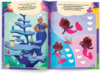 Ilustracja z książki: po lewej Ursula z fioletową skórą przy półkach z eliksirami, po prawej dwie czarnoskóre syrenki.