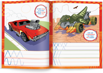 Otwarta książka edukacyjna do kreślenia szlaczków Hot Wheels, z czerwonym autem i zielonym autem dinozaurem.