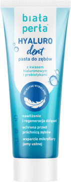 Pasta Biała Perła HYALURO dent z kwasem hialuronowym, delikatnie wybielająca, do dziąseł, biało-niebieska tuba.
