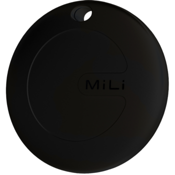 Okrągły czarny lokalizator Bluetooth MiLi, z subtelnym logo i małym uchwytem na klucze, widok z przodu.