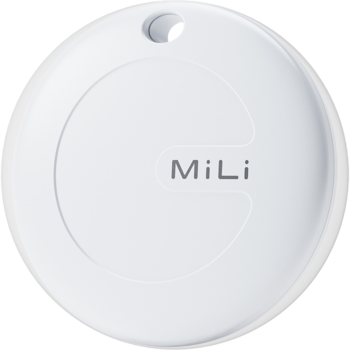 Biały, okrągły lokalizator przedmiotów MiLi z napisem MiLi i otworem na brelok, widok z góry.
