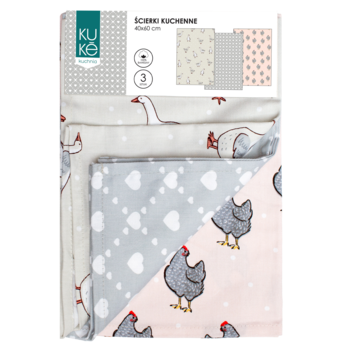 Zestaw 3 ścierek kuchennych KUKË 40x60 cm: biała z gęsiami, szara w serca, różowa w kury, ułożone w stos.