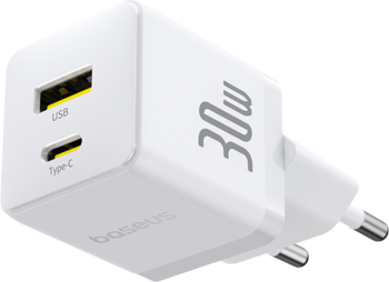 Biała ładowarka sieciowa Baseus Palm 30W z portami USB-C i USB-A, szybkie ładowanie, widok pod kątem.