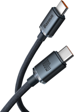 Ciemnoszary pleciony kabel Baseus Crystal Shine USB-C 100W, zwinięty, z metalowymi wtykami z napisami 'Baseus' i '100W'.