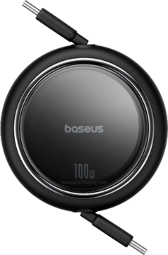 Baseus Free2Draw Mini, okrągły czarny wysuwany kabel USB-C do USB-C 100W, widok z góry, z napisem Baseus.