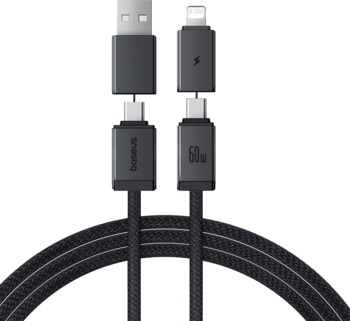 Czarny, pleciony kabel Baseus Versatile 4w1 USB-C/A do USB-C/Lightning 60W, magnetyczne końcówki, widok z przodu.
