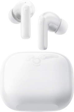 Białe słuchawki douszne Baseus Bass EP10 NC TWS z ANC i etui ładujące, widok z przodu, na białym tle.