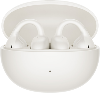 Baseus Bass BC1 Open-Ear, białe słuchawki bezprzewodowe clip-on w otwartym etui ładującym. Widok z przodu.