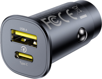 Kompaktowa ładowarka samochodowa Baseus GoTrip DP1 30W Cosmic Black, z portami USB-A i USB-C, widok pod kątem.