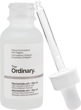 The Ordinary Niacinamide 10% + Zinc 1% serum, matowa butelka z etykietą i zakraplaczem pod kątem, widok z przodu.