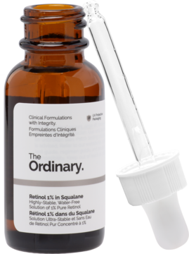 Bursztynowa butelka The Ordinary Retinol 1% w Squalane z widocznym aplikatorem-zakraplaczem, na białym tle.