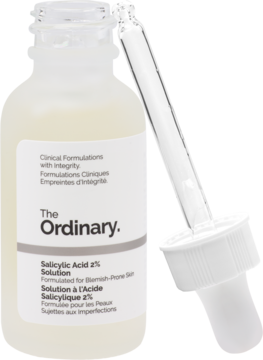Mrożona butelka The Ordinary Salicylic Acid 2% Solution z pipetą, biała etykieta, serum do cery trądzikowej.