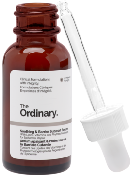 Serum The Ordinary Soothing & Barrier Support w brązowej butelce, biały zakraplacz częściowo wyjęty z góry.