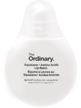 The Ordinary Squalane + Amino Acids Lip Balm, biała, gruszkowata butelka, widok z przodu, pionowo.