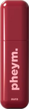 Mgiełka do ciała Pheym. aura: czerwona, błyszcząca butelka w kształcie kapsuły z różowym napisem, zbliżenie.