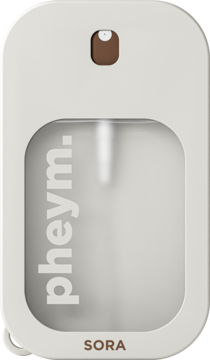 Płaski beżowy atomizer PHEYM SORA o zapachu wanilii i piżma, z widocznym okienkiem i brązowym dozownikiem.