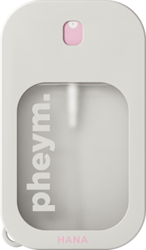 Biały atomizer perfum Pheym Hana, kwiatowy zapach, widok z przodu. Posiada przezroczyste okno i różowy przycisk.