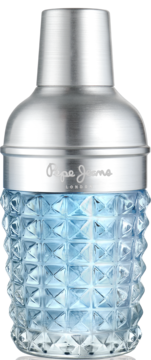 Pepe Jeans JEANS & TONIC for Him, flakon w kształcie shakera, srebrna góra, błękitne teksturowane szkło.