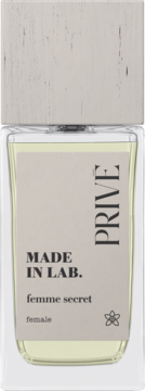 Made in Lab. Prive Femme Secret perfumy damskie, butelka z jasnym płynem i beżową etykietą, drewniana nakładka.