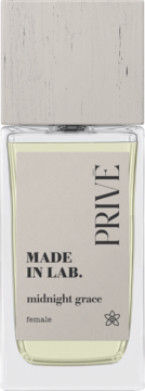 MADE IN LAB. Privé Midnight Grace, żeński perfum w szklanej butelce z beżową etykietą, teksturowaną nakrętką, widok z przodu.