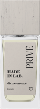 Perfumy damskie MADE IN LAB. PRIVE Divine Essence w butelce, jasny płyn, teksturowana jasna nakrętka, widok z przodu.