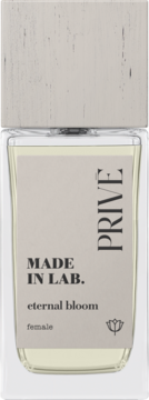 Made in Lab. Prive Eternal Bloom perfumy damskie, owocowo-kwiatowy zapach. Butelka z drewnianą nakrętką, widok z przodu.