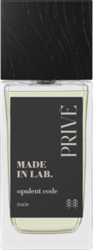 Flakon perfum MADE IN LAB. PRIVE Opulent Code Male. Czarna etykieta, biały tekst, przezroczyste szkło, korek z drewna.