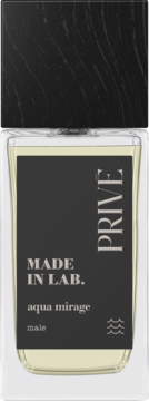 Flakon męskich perfum Prive Made in Lab. Aqua Mirage z czarną etykietą, cytrusowo-morski zapach, widok z przodu.