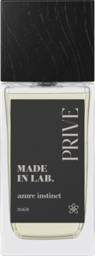Flakon perfum męskich PRIVE MADE IN LAB. azure instinct, przezroczysty, z czarną etykietą i nakrętką, widok z przodu.