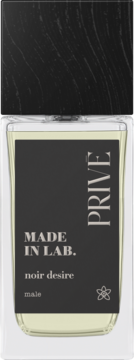 MADE IN LAB. PRIVE noir desire, perfumy męskie. Prostokątny flakon ze słomkowym płynem, czarna etykieta, czarna nakrętka.