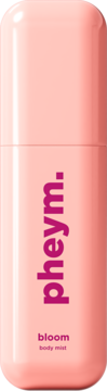 Jasnoróżowy pheym. bloom body mist w cylindrycznej butelce z zaokrąglonymi krawędziami, widok z przodu.