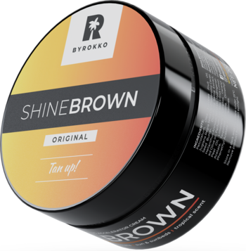 ByRokko Shine Brown Original, czarny, okrągły przyspieszacz opalania. Żółto-pomarańczowa etykieta 'SHINEBROWN', widok z boku.