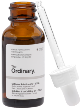 Serum The Ordinary Caffeine Solution 5% + EGCG w bursztynowej butelce z kroplomierzem, widok z boku.