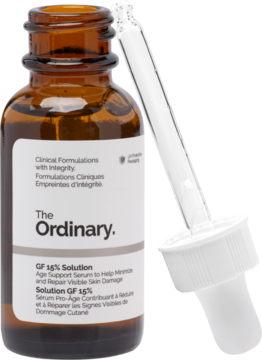 Serum The Ordinary GF 15% Solution w bursztynowej butelce z białą etykietą i pipetą, widok z przodu.