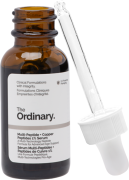 Brązowa butelka The Ordinary Multi-Peptide + Copper Peptides 1% serum z pipetą, ukazana pod lekkim kątem.