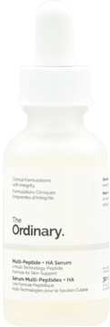 Biała butelka The Ordinary Multi-Peptide + HA Serum z zakraplaczem, widok z przodu. Kliniczna formuła dla skóry.