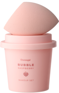 Jasnoróżowa gąbeczka do makijażu Donegal Bubble Raspberry w różowym etui-kubeczku, widok z przodu.
