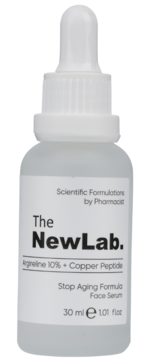 Clear NewLab. Face Serum (30ml) with Argireline 10% + Copper Peptide, in dropper bottle, frontal view.