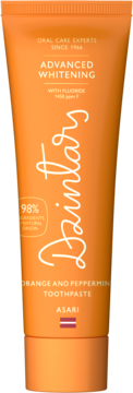 Pomarańczowa tuba pasty Dzintars Advanced Whitening z fluorem, 98% naturalna, smak pomarańcza i mięta, widok z przodu.