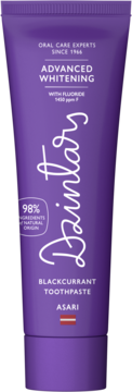 Dzintars Advanced Whitening Blackcurrant Toothpaste in a purple tube, front view, with fluoride.